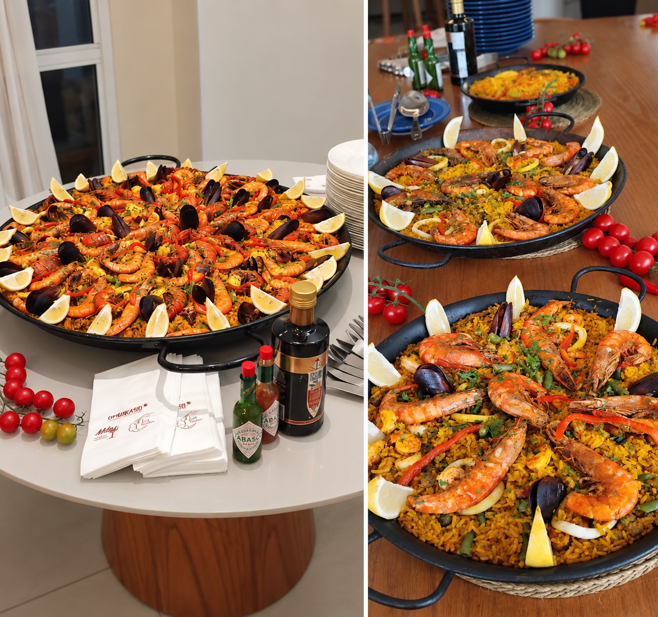 Duas paellas servidas na mesa de um evento, com tapas, sangria e taças de vinho